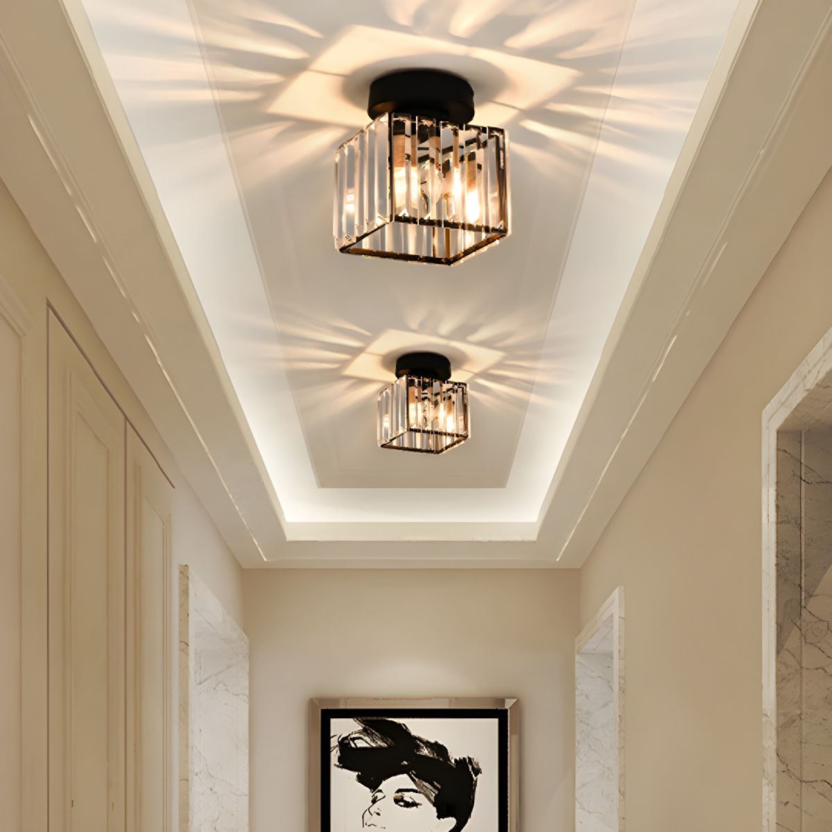 Cleroa - Crystal ceiling lamp - Black Metal & K9 Crystal flush mount