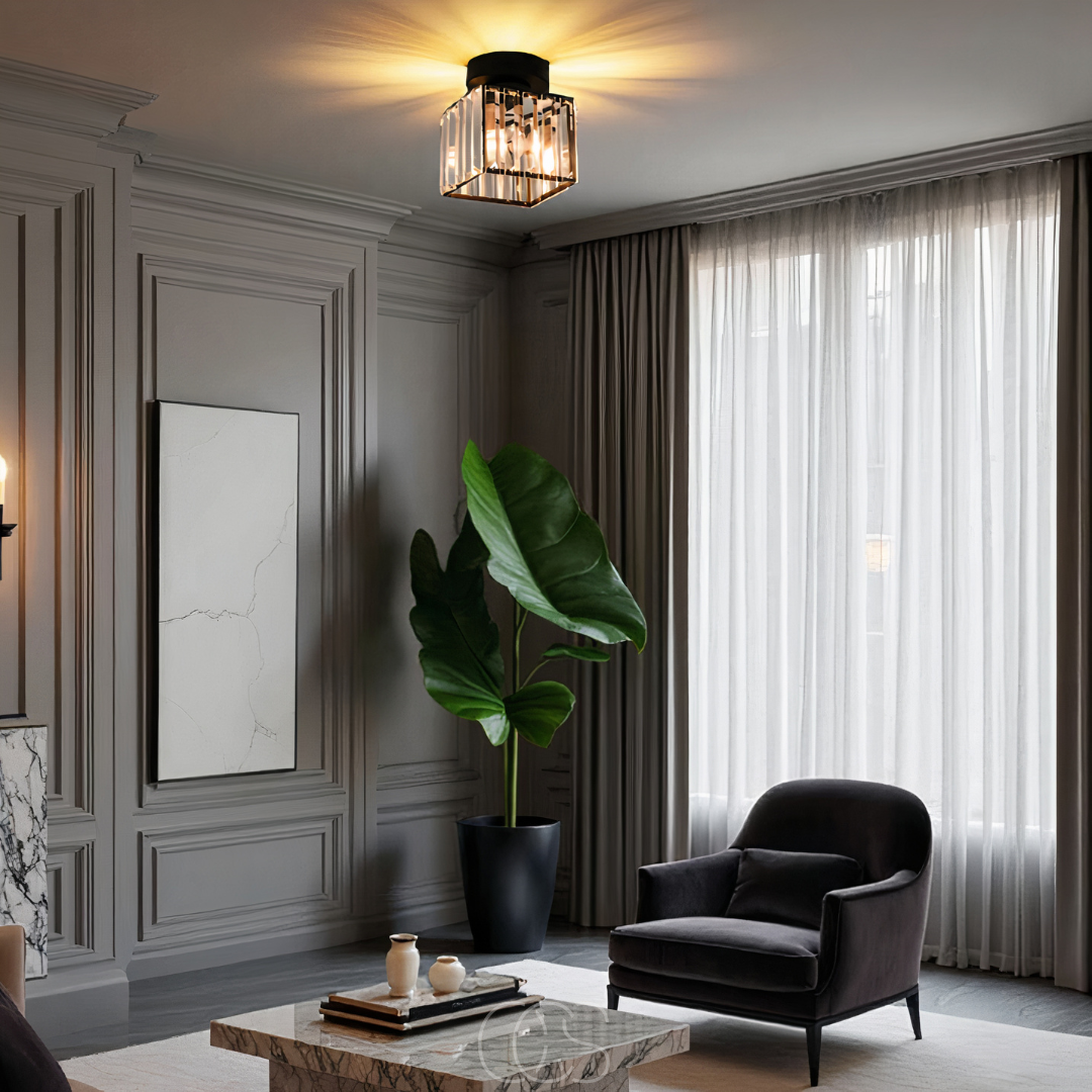 Cleroa - Crystal ceiling lamp - Black Metal & K9 Crystal flush mount