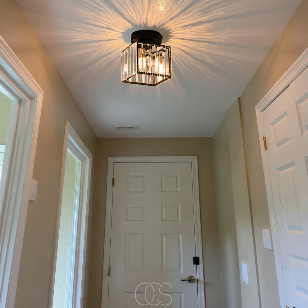 Cleroa - Crystal ceiling lamp - Black Metal & K9 Crystal flush mount
