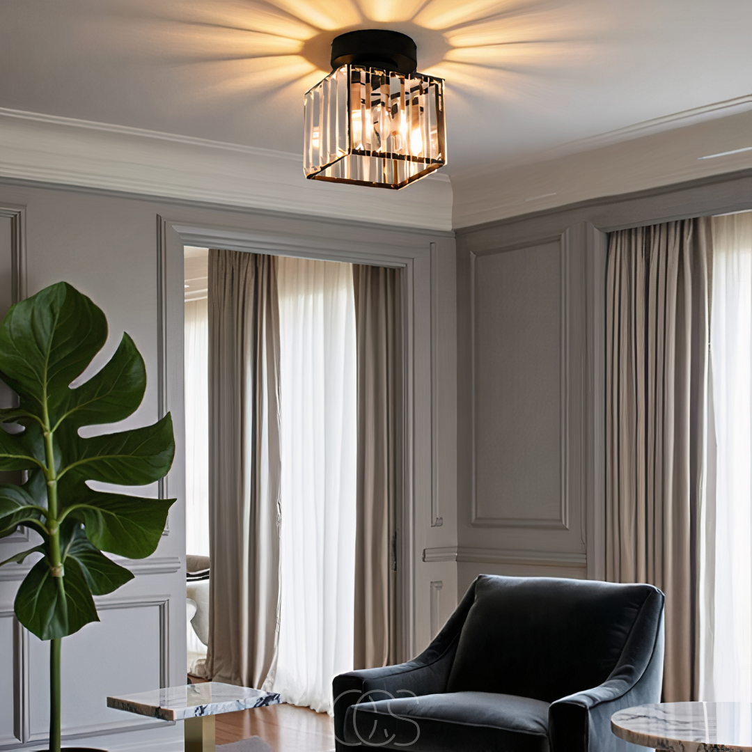 Cleroa - Crystal ceiling lamp - Black Metal & K9 Crystal flush mount