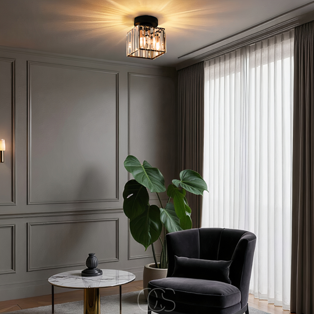Cleroa - Crystal ceiling lamp - Black Metal & K9 Crystal flush mount
