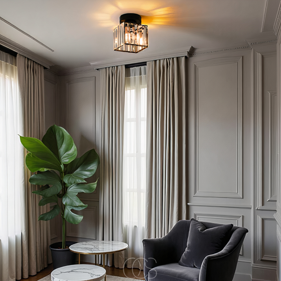 Cleroa - Crystal ceiling lamp - Black Metal & K9 Crystal flush mount