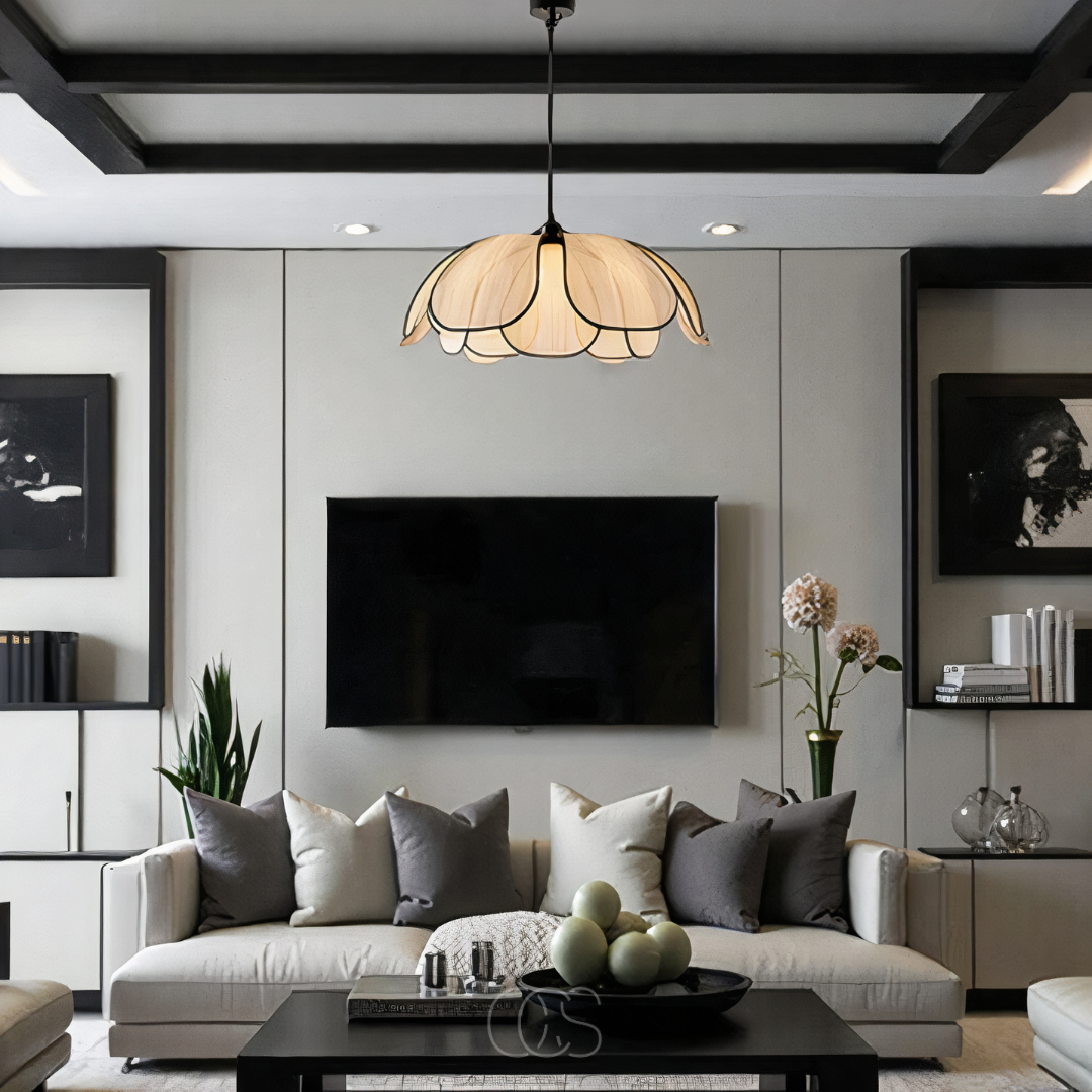 Cleroa - Lampe suspendue en rotin en forme de fleur avec accents noirs